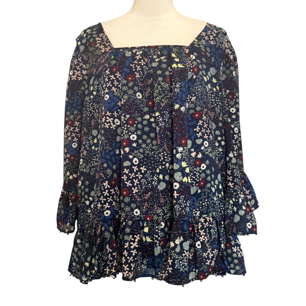 Hummingbird Top Size L Navy Blue Floral